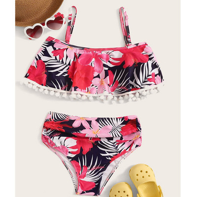 Costum de baie modern pentru copii din doua piese cu model floral