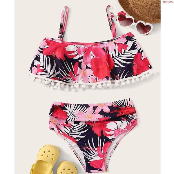 Costum de baie modern pentru copii din doua piese cu model floral