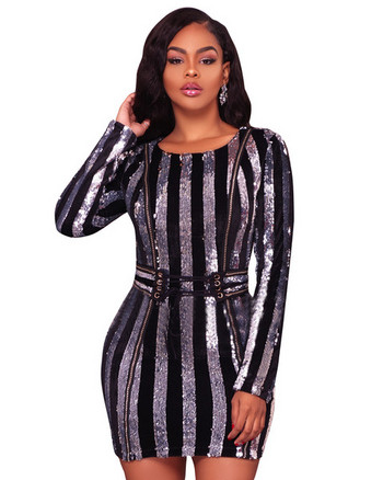 Rochie eleganta de dama cu paiete si maneci lungi in doua culori