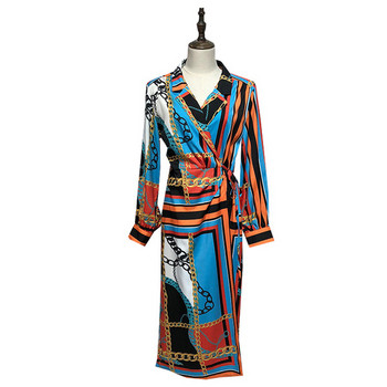 Rochie lunga de dama cu cravate in talie si model colorat