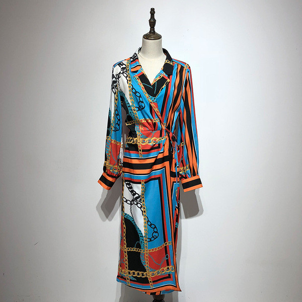 Rochie lunga de dama cu cravate in talie si model colorat