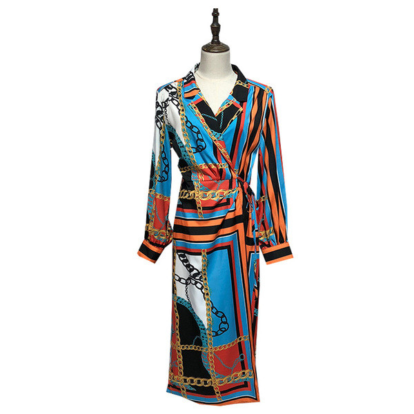 Rochie lunga de dama cu cravate in talie si model colorat