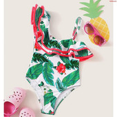 Costum de baie pentru copii modern pentru fete cu model floral in alb
