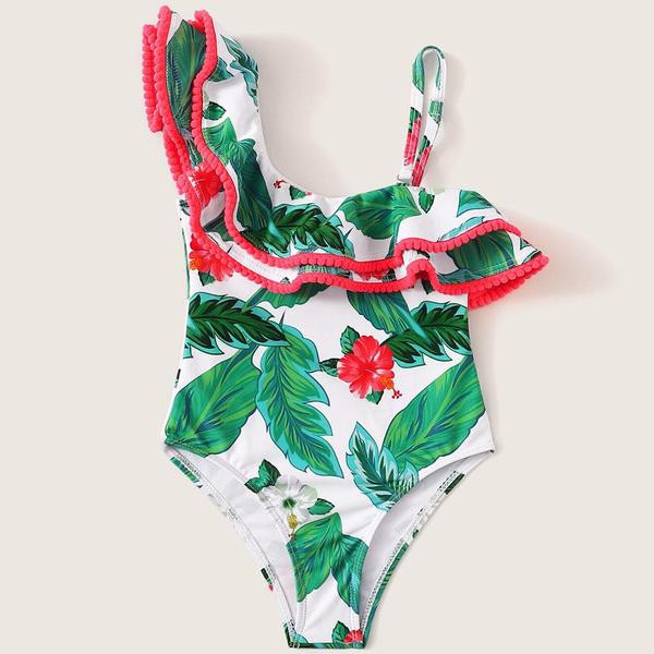 Costum de baie pentru copii modern pentru fete cu model floral in alb