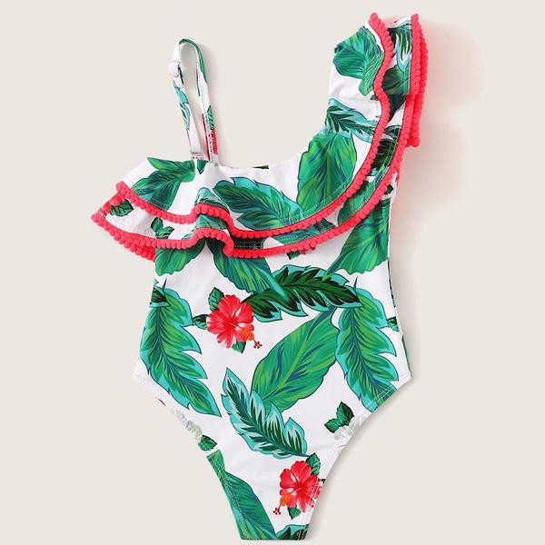 Costum de baie pentru copii modern pentru fete cu model floral in alb