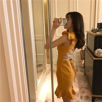 Ежедневна дамска рокля в оранжев и черен цвят 