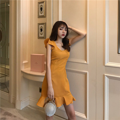 Ежедневна дамска рокля в оранжев и черен цвят 