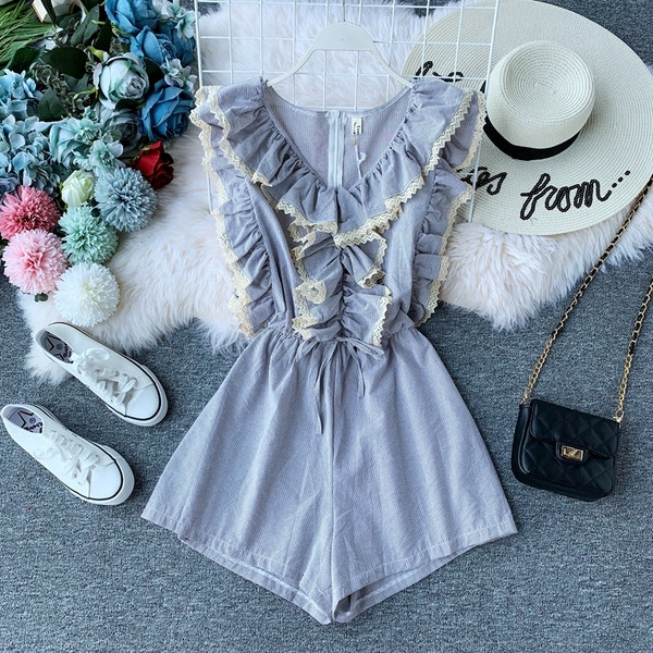 Salopetă de damă modernă în dungi, cu decolteu în V, în trei culori