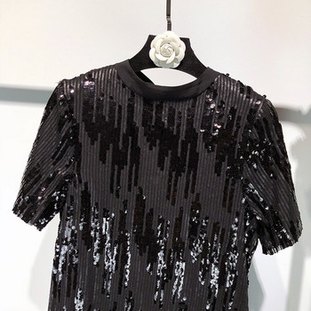 Rochie neagra de dama moderna cu paiete si decolteu oval