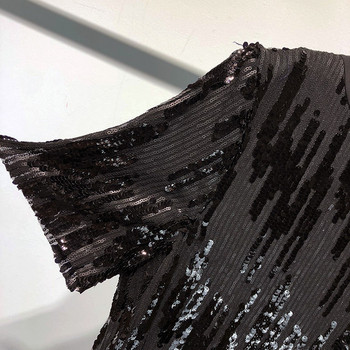 Rochie neagra de dama moderna cu paiete si decolteu oval