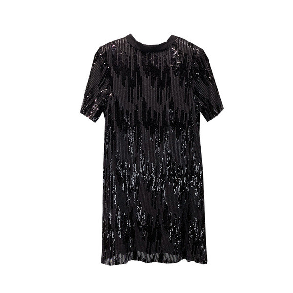 Rochie neagra de dama moderna cu paiete si decolteu oval