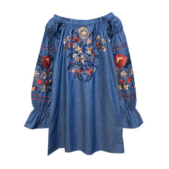 Rochie de dama cu umerii goi si maneci lungi in albastru cu broderie