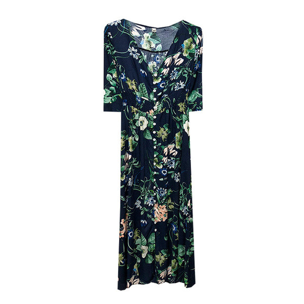 Rochie lunga de dama cu model floral si talie elastica