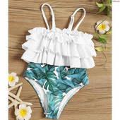 Costum de baie intreg pentru copii cu bretele subtiri si motive florale