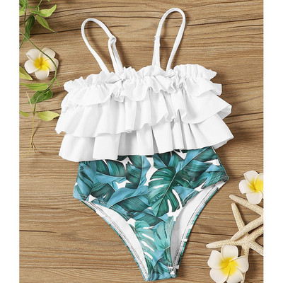 Costum de baie intreg pentru copii cu bretele subtiri si motive florale