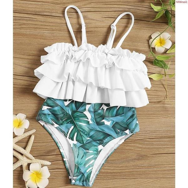 Costum de baie intreg pentru copii cu bretele subtiri si motive florale