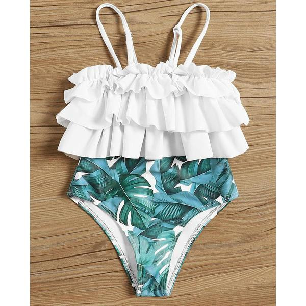 Costum de baie intreg pentru copii cu bretele subtiri si motive florale