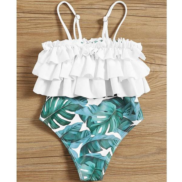 Costum de baie intreg pentru copii cu bretele subtiri si motive florale