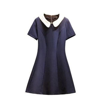 Rochie elegantă de damă cu mâneci scurte și guler în albastru