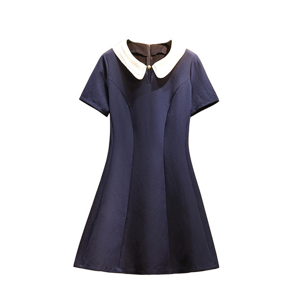 Rochie elegantă de damă cu mâneci scurte și guler în albastru