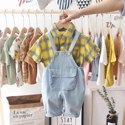 Set elegant pentru copii pentru baieti salopeta + camasa roz si galben