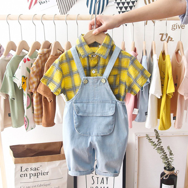 Set elegant pentru copii pentru baieti salopeta + camasa roz si galben