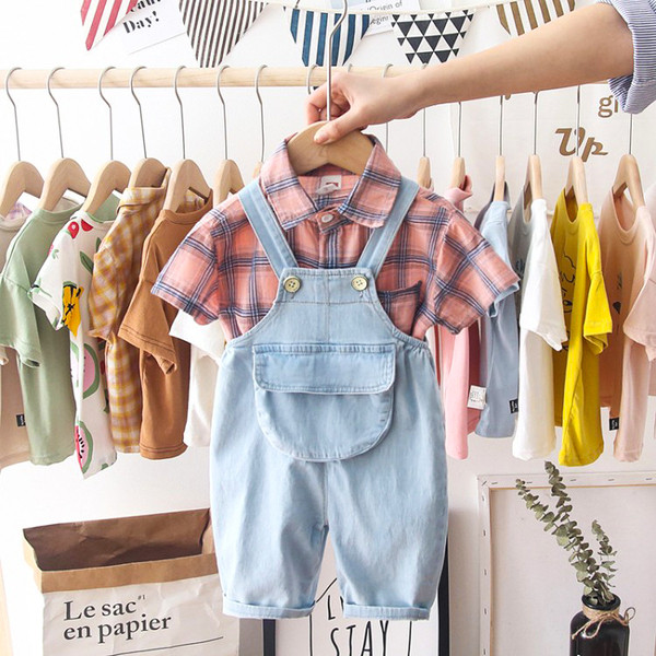 Set elegant pentru copii pentru baieti salopeta + camasa roz si galben