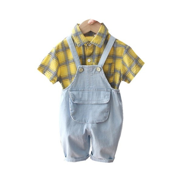 Set elegant pentru copii pentru baieti salopeta + camasa roz si galben