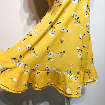 Rochie cu decolteu în V adânc și mâneci scurte lotus, de culoare galbenă