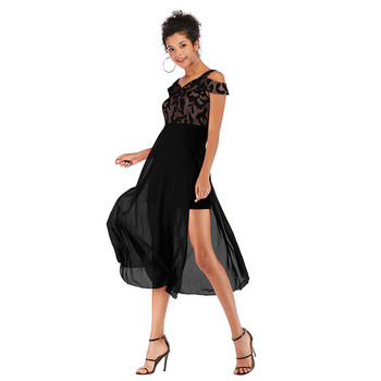 Rochie elegantă de damă cu umerii goi, în negru, roșu și albastru