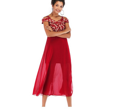 Rochie elegantă de damă cu umerii goi, în negru, roșu și albastru