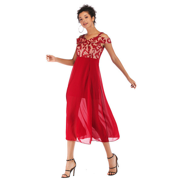 Rochie elegantă de damă cu umerii goi, în negru, roșu și albastru