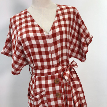 Rochie de dama in carouri cu maneci scurte si cravate in talie