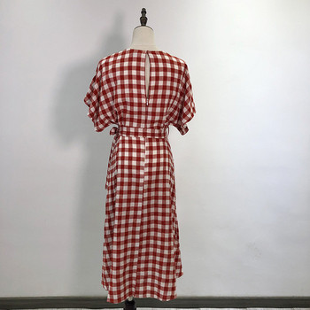 Rochie de dama in carouri cu maneci scurte si cravate in talie