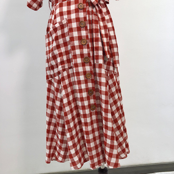 Rochie de dama in carouri cu maneci scurte si cravate in talie