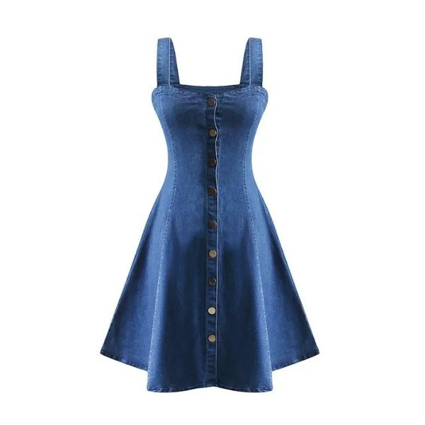 Rochie din denim cu bretele si nasturi