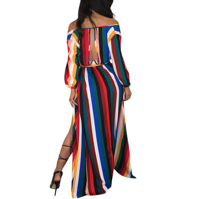 Модерна дамска рокля с голи рамене и дълъг ръкав и цепка 