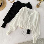 Cămașă elegantă de damă cu decolteu în V în alb-negru