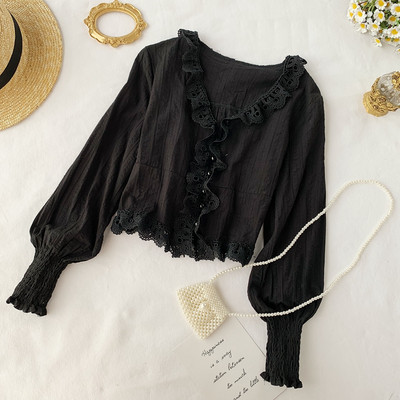 Cămașă elegantă de damă cu decolteu în V în alb-negru