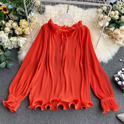 Cămașă de damă modernă plisată cu mâneci lungi în mai multe culori