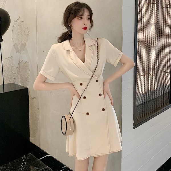 Rochie casual de dama cu maneci scurte in bej si albastru