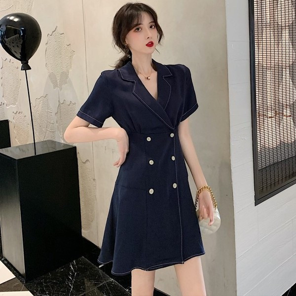 Rochie casual de dama cu maneci scurte in bej si albastru