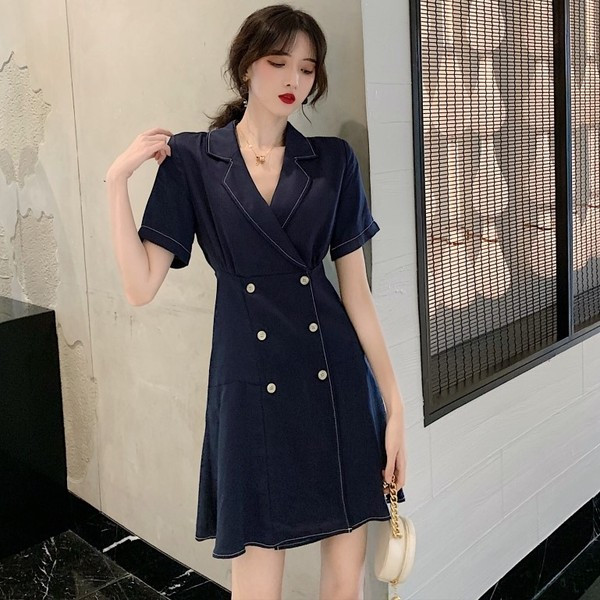 Rochie casual de dama cu maneci scurte in bej si albastru