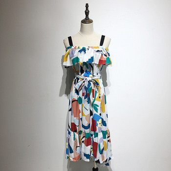 Rochie cu decolteu pătrat și bretele în alb cu model colorat