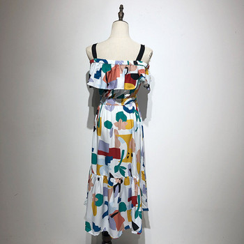 Rochie cu decolteu pătrat și bretele în alb cu model colorat