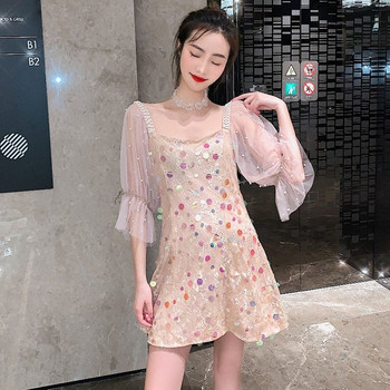 Rochie moderna de dama cu perle decorative de culoare deschisa