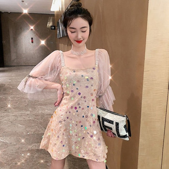 Rochie moderna de dama cu perle decorative de culoare deschisa