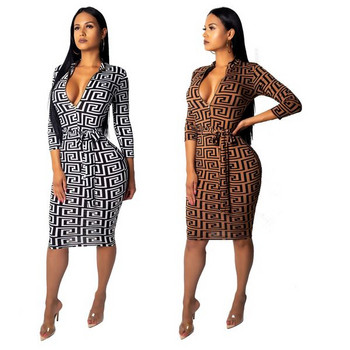 Rochie elegantă de damă, cu mâneci 3/4 și decolteu în V, în alb și maro