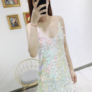 Rochie scurta de dama cu bretele subtiri in alb si paiete