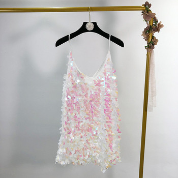 Rochie scurta de dama cu bretele subtiri in alb si paiete